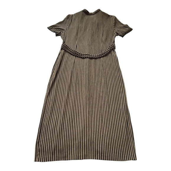 VINTAGE MISS DORBY Striped Fitted Midi Dress | Size M | Navy & Tan | 80s Office - Picture 10 of 16